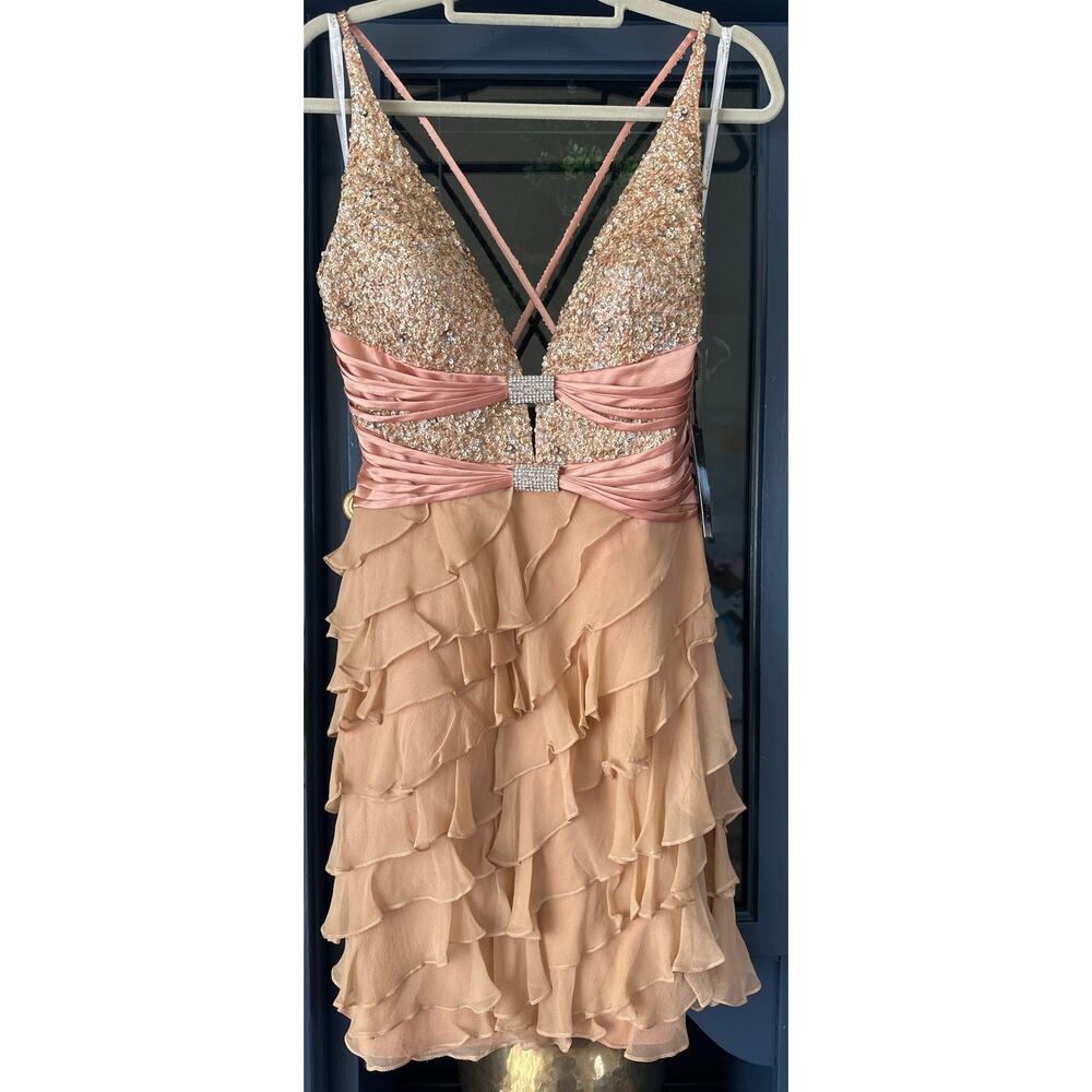 NWT Terani Couture Silk Beaded Ruffled Rhinestone cocktail dress nude pink sz 12 - Picture 8 of 8